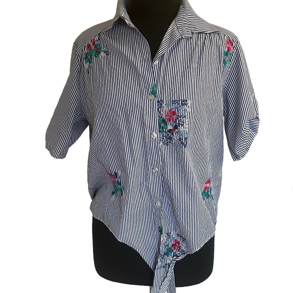 Striped Blue and White shirt with Floral Embroidery.  Size M - Picture 6 of 11